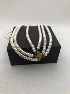 Vintage Faux Pearl Necklace 3 Strand Gold Tone Clasp 16 Inches Gift - Picture 1 of 7