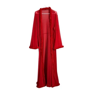 Boohoo Red Sheer Robe Wrap Faux Fur Trim Boudoir Photo Vamp Lingerie OS - Picture 1 of 8