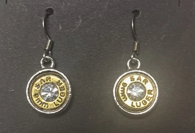 Pendientes con carcasa de bala Luger de 9 mm con piedra central de cristal de Swarovski genuino Foto 1 de 2