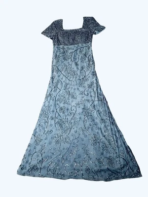 Sean Collection Silk Beaded Long Dress Gown Sz M (Read) Blue Floral Short Sleeve - Image 1 of 4