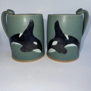 Wa’Tei Pottery Alaska Orca Whale Studio Art Pottery Mugs Set Of 2 Artist Signed - Picture 1 of 7