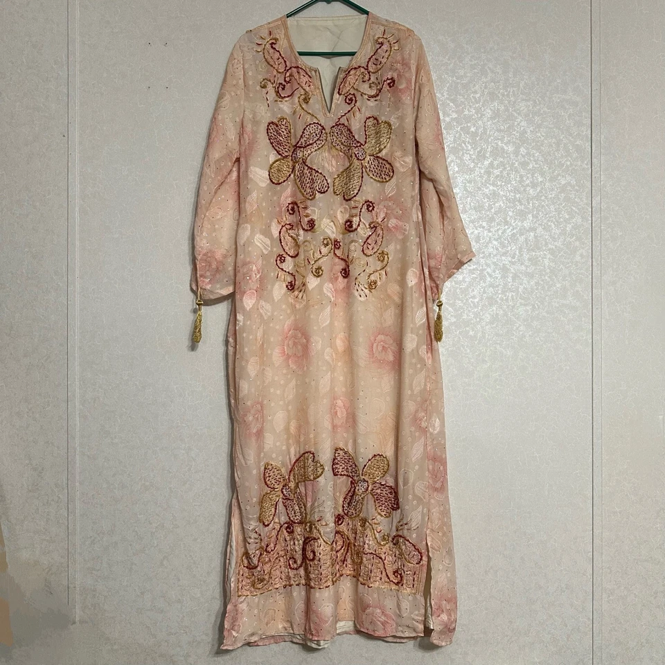 Embroidered Floral Kaftan Dress Pink Gold Tassels Beaded Sequin Maxi Bohemian M - Image 1 of 4