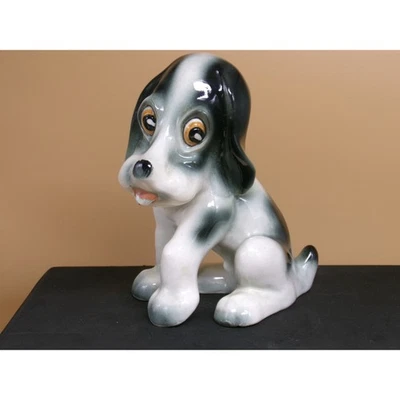 Estatueta de cachorro vintage de cerâmica preto branco bronzeado vitrificado sentado - Imagem 1 de 3