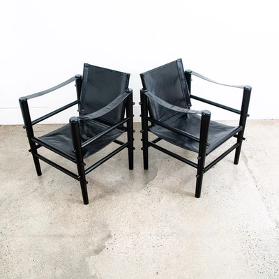 Mid Century Danish Modern lounge Chairs Safari Black Leather Arm Pair Set Two Foto 1 de 4