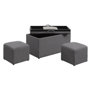 Pemberly Row Storage Bench with Two Ottomans in Gray Fabric - Picture 1 of 6