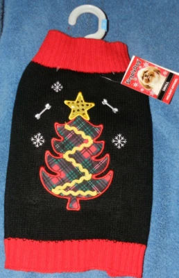 Suéter de perro negro/rojo/a cuadros con árbol de Navidad ~ estampado de huesos de perro ~talla pequeña ~ NUEVO Foto 1 de 3