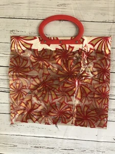 Vintage 70s Clear Red/Gold Flower Power Vinyl Tote Bag w/ Umbrella Slot - Picture 1 of 11