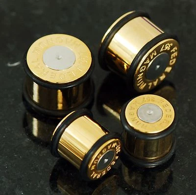 Par de tapones para los oídos bala de acero quirúrgico 316L chapados en oro con anillos "O" Fr 2G ~ 1" Foto 1 de 3