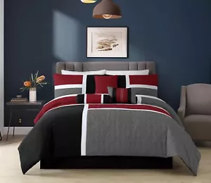 Chezmoi Collection 7-Piece Quilted Patchwork Comforter Set, Red/Gray/Black, K... - Picture 1 of 8