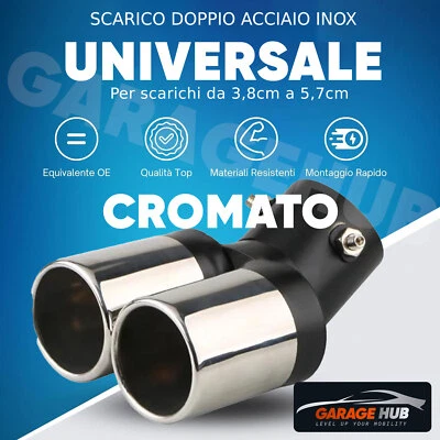 😍Terminali Doppio Scarico INOX Auto 62mm Curva per Scarichi da 3,8cm a 5,7cm - Immagine 1 di 4