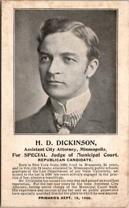 Tarjeta fotográfica de campaña política 1900: Dickinson para juez Minneapolis, Minnesota - Imagen 1 de 3