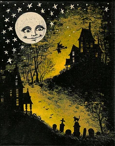 ACEO DRUCK VON HALLOWEEN VOLKSKUNST GEMÄLDE RYTA VINTAGE STIL SCHWARZ KATZE MOND - Bild 1 von 1
