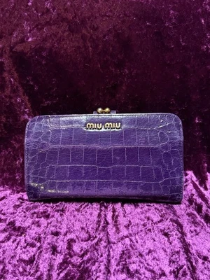 RARE PURPLE MIU MIU Croc Embossed Leather Kisslock Wallet Clutch Continental Y2K - Image 1 of 4