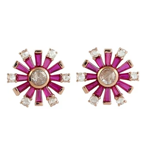 18k Rose Gold Ruby Diamond Sunburst Stud Earrings Womens Fine Fashion Jewelry - Picture 1 of 7