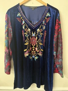 Calessa Button Tunic Top Women 2X Blue Embroidered Hippie Boho Velvet Velour - Picture 1 of 10