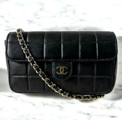 DDP CHANEL Chocolate Bar 2Way Mini Shoulder Waist Bag Lambskin Black Gold Chain - Image 1 of 4