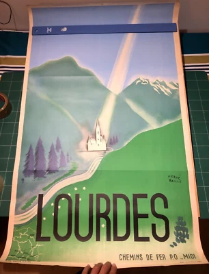 Affiche Chemin De Fer P.O. Midi Hervé Baille Lourdes  Océa Paris Train SNCF 1936 - Photo 1/4