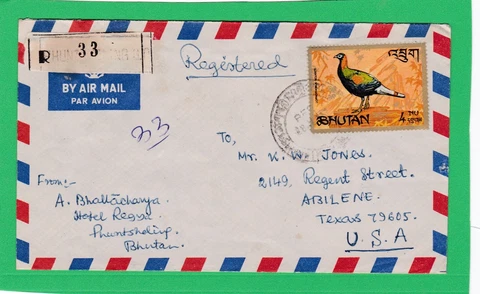 1977 Bhutan Registered Airmail Cover 4 Different Stamps 4nu, 15ch, 20ch, 30ch Cover