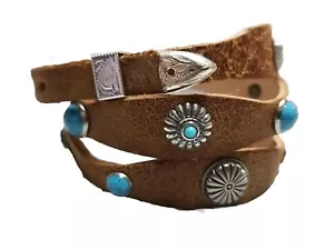 Geralltes MÜTZEBAND hellbraunes LEDER mit Silber + TÜRKIS CONCHOS und 3-teiliges Schnalle-Set - Bild 1 von 14