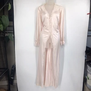 VINTAGE Vanity Fair Accappatoio da donna rosa pallido lucido cravatta davanti lungo bordo in pizzo - Foto 1 di 7
