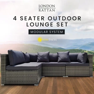 LONDON RATTAN Outdoor Lounge Setting 4 Seater Furniture Modular Sofa Wicker Set - Picture 1 of 8