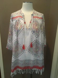 Roberta Roller Rabbit XS 100% Cotton Boho Chic V Neck Blouse Top Tunic W Fringe - Picture 1 of 12