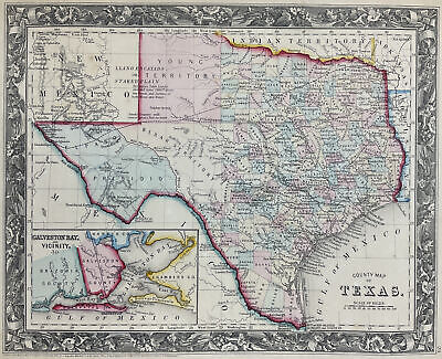 1860 COUNTY MAP Of TEXAS Augustus Mitchell Map Hand Colored Antique Indian • 7.26£