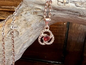 L3-8 Rose Gold Plated 46cm Chain Celtic Knot Pendant With Faux Garnet Red VGC - Picture 1 of 6