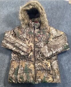 Realtree Coat Womens Large Camo Pink Full Zip Faux Fur Trim Lined Hooded Pockets