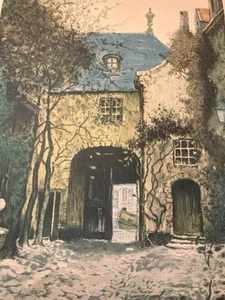 Stampa antica firmata Alfred Van Neste Entree du Chateau 20x16" - Foto 1 di 13