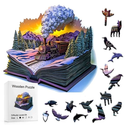 成人书形蒸汽机车木制拼图 – 3D 视觉艺术,独特 Irregul — 第 1/4 张图片