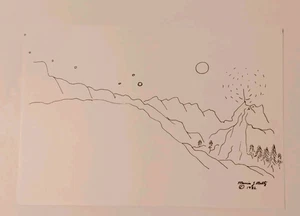 Hand drawn illustration depicting mountainous landscape, river, trees, 868 - Picture 1 of 4