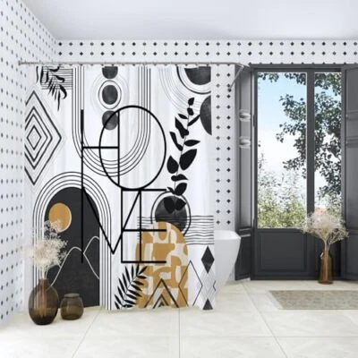 Cortina de Ducha Boho Blanco y Negro, Abstracto 72" W x 72" L Negro y Amarillo Foto 1 de 4