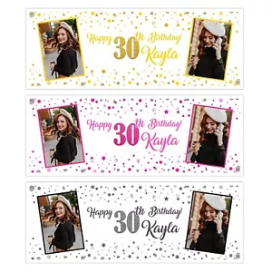 PERSONALISED BIRTHDAY BANNER PHOTO NAME PARTY DECORATION PINK BLUE GOLD - Picture 1 of 21