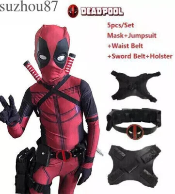 USA Kids Deadpool Christmas Cosplay Costume Jumpsuit Zentai Bodysuit Accessories - Image 1 of 4