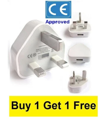 UK 3 Pin Mains Wall USB Charging Plug Wall Charger Adapter Fits  iPhone Samsung - Image 1 of 2
