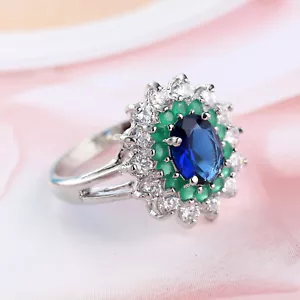 Flower Style 3 Color Blue Green White Topaz Gems Silver Woman Ring US Size 6-10 - Picture 1 of 5