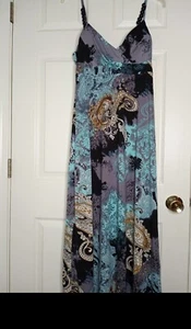 Essentials By Milano Sz M Womens Maxi Dress Paisley Green Beads Spaghetti - Picture 1 of 13
