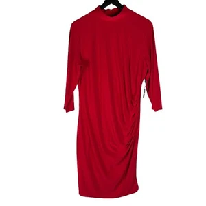 NEW New York & Company Long Sleeve Ruched Mock Neck Midi Dress in Red Size XL - Picture 1 of 12