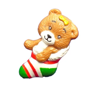 Russ PIN Christmas Vintage BEAR Teddy GIRL in STOCKING 1980s Holiday Brooch - Picture 1 of 2