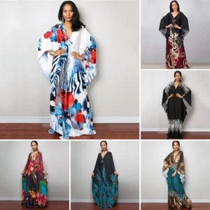 Women V-neck Floral Stripe Maxi Dress Bohemian Baggy Kaftan Vintage Casual Loose - Picture 1 of 19