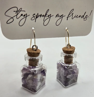 Dangle Amethyst Purple Earrings Clear Glass Message in a Bottle - UNIQUE - Image 1 of 4