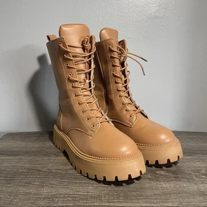 Rouge Helium hellbraune klobige Damen-Schnürstiefel aus Kunstleder Größe 9 - Bild 1 von 10