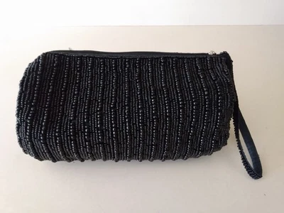 Quality Black Barrel Beaded Evening Bag Clutch Purse Strap Formal Party Full Zip - Image 1 of 4