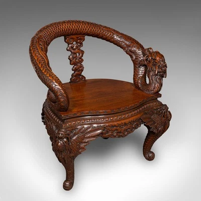 Cadeira de cotovelo decorativa vintage, oriental, salão, lareira, assento de dragão, art déco - Imagem 1 de 4