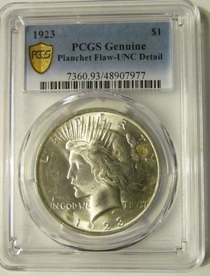 1923 p Peace Silver Dollar Uncirculated Details Mint Error Planchet Flaw - Image 1 of 4