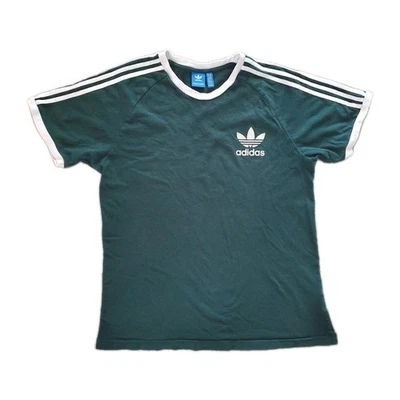 Adidas Men's XL Dark Green Felt Logo Ringer T-Shirt White 3 Stripes Retro Style - Image 1 of 4
