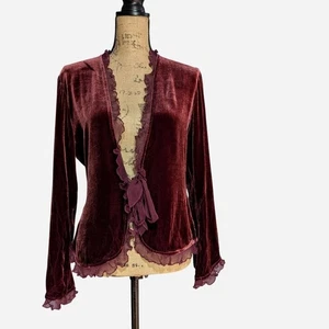 90s Y2K EAST Burgundy Velvet Cropped Jacket UK 8/10 (US 6) - Picture 1 of 11