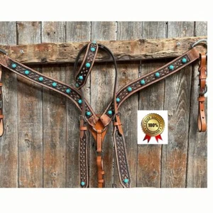 Western Leather Handtooled Turquoise Studs Headstall & Breast collar Tack Set - Picture 1 of 2