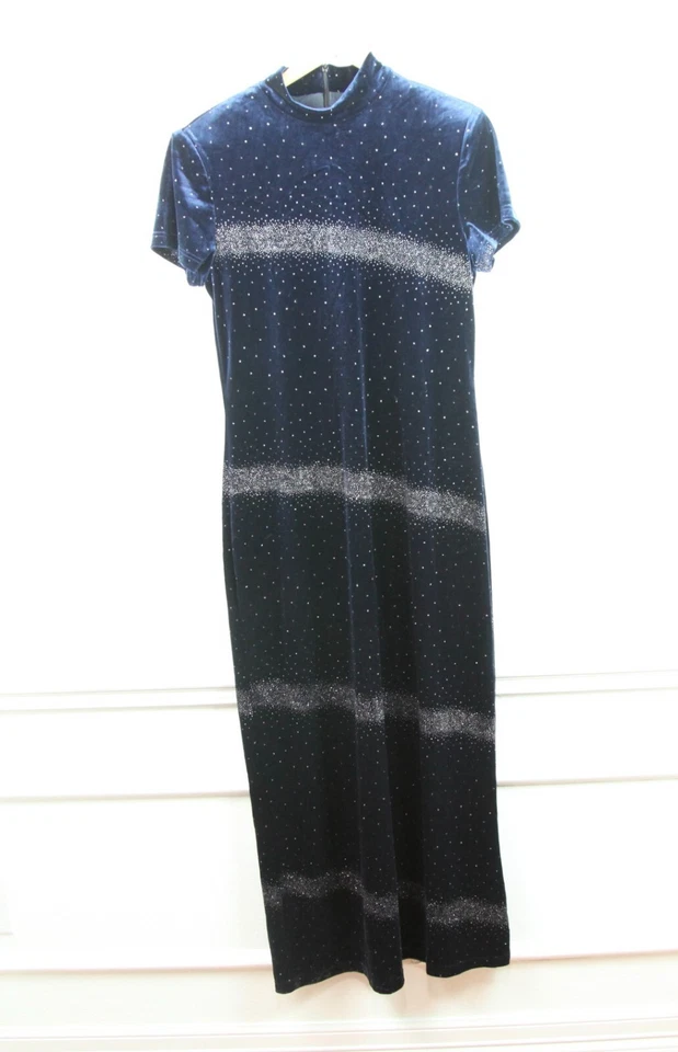 Vestido maxi vintage 14 anos 90 Y2K azul marinho veludo glitter caprichoso fada grunge - Imagem 1 de 4